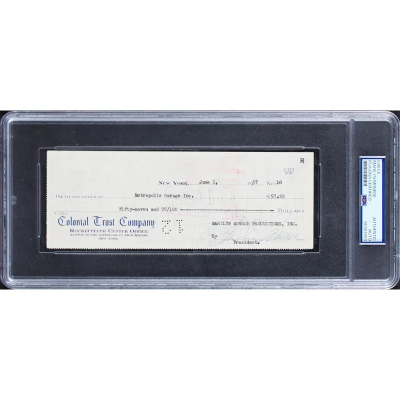 Marilyn Monroe Authentic Signed 3x8.25 1957 MMP Check Autographed PSA Slabbed