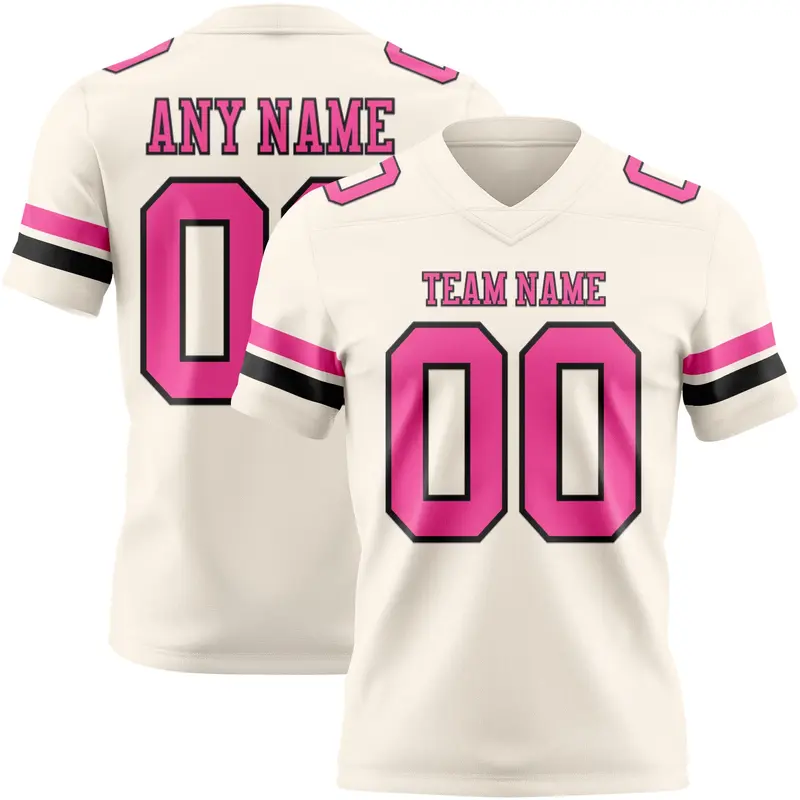 Custom Cream Pink-Black Mesh Authentic Football Jersey