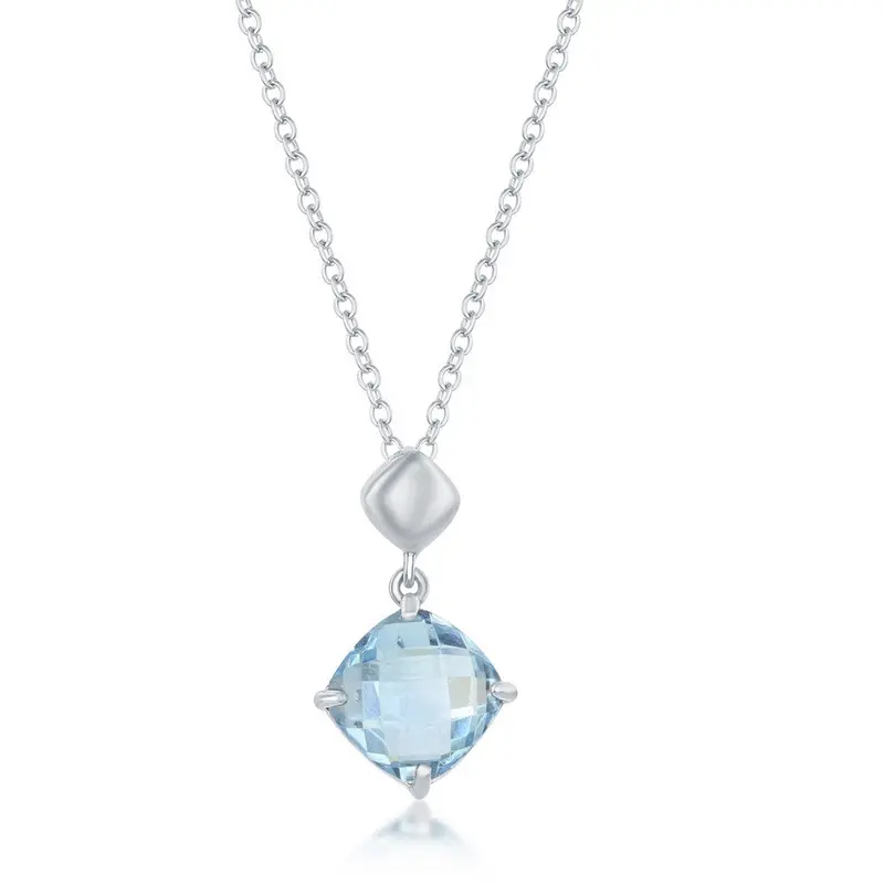 Sterling Silver Four-Prong Square Cushion-Cut Gemstone Necklace - Blue Topaz