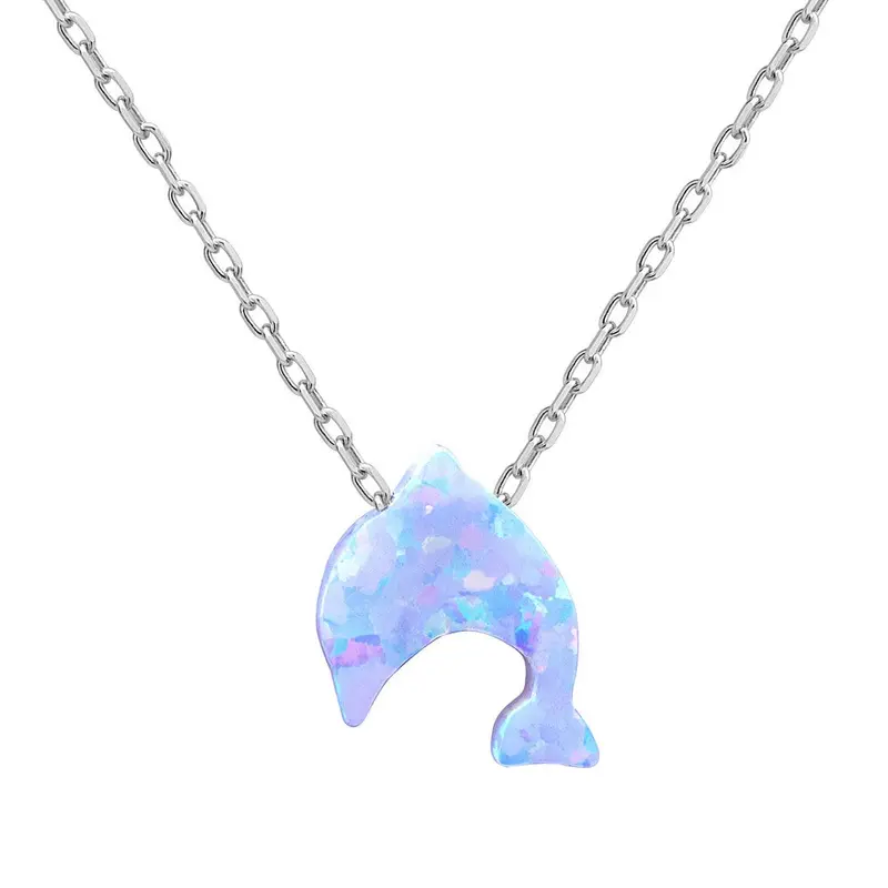 Sterling Silver  Small White Opal Dolphin Necklace