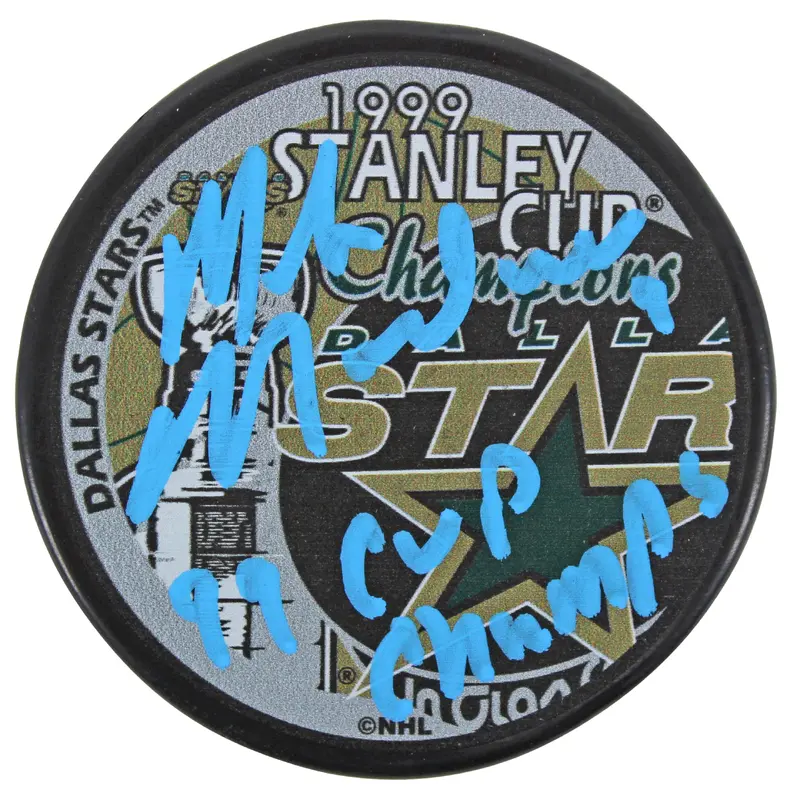 Stars Mike Modano "99 Cup Champ" Signed SC Champion Logo Hockey Puck BAS Witness