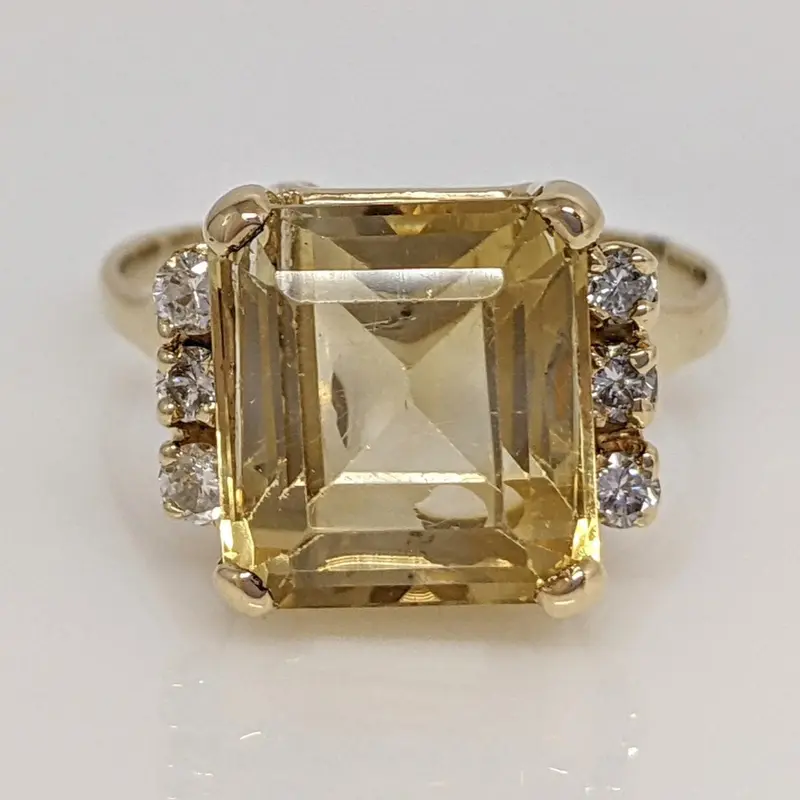 14K CITRINE EMERALD CUT 10X11 WITH .24 DIAMOND TOTAL WEIGHT ESTATE RING 5.9 GRAMS