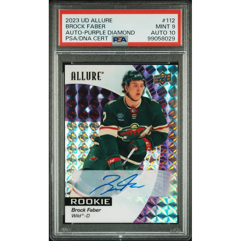 Brock Faber 2023 Upper Deck Allure Purple Diamond Auto #10/10 PSA 9 Auto 10