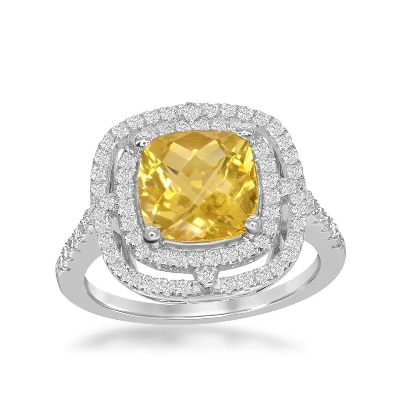 Sterling Silver Square Citrine with Double White Topaz Border 2.64cttw Ring