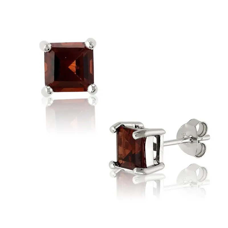 Sterling Silver 6mm Square Gem Studs - Garnet