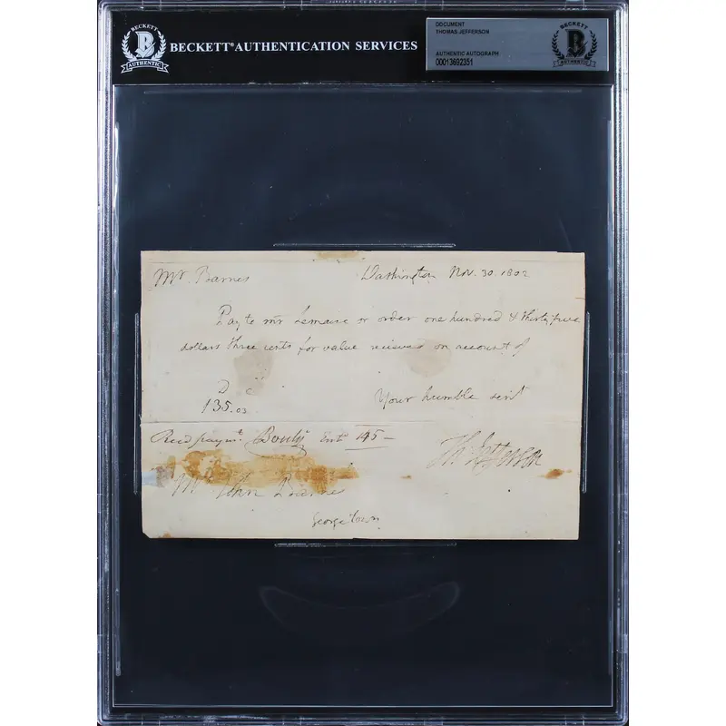 Thomas Jefferson Signed 1802 4.75x7.25 Handwritten Letter Dated BAS Slabbed