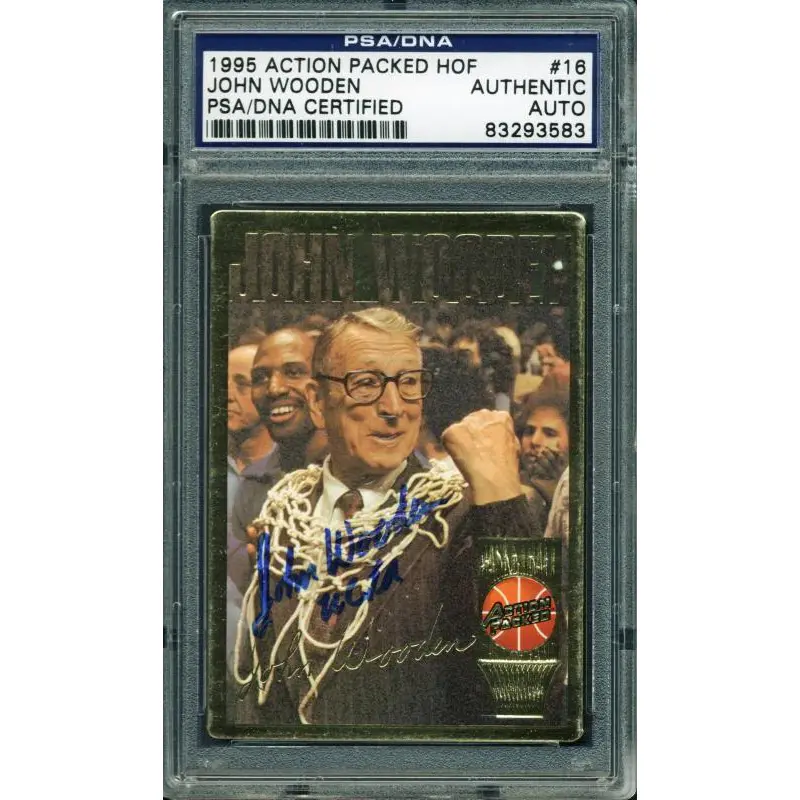 Ucla John Wooden Double Signed Card 1995 Action Packed HOF #16 PSA/DNA Slabbed