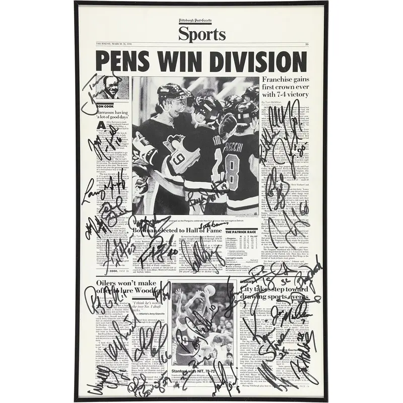 1990-91 Stanley Cup Champion Pittsburgh Penguins Team Signed Newspaper Photo JSA