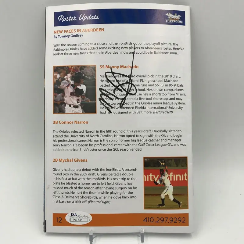 2010 Manny Machado Pre Rookie Signed Minor League Program ORIOLES JSA COA