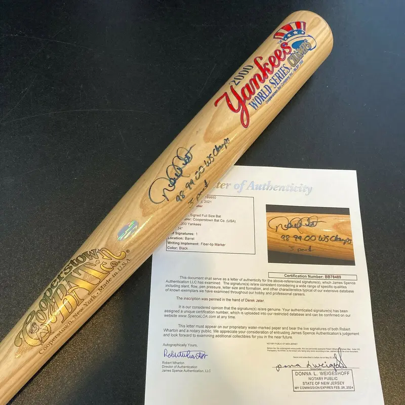 Derek Jeter "1998, 1999, 2000 W.S. Champs 3 Peat" Signed Inscribed Bat JSA COA