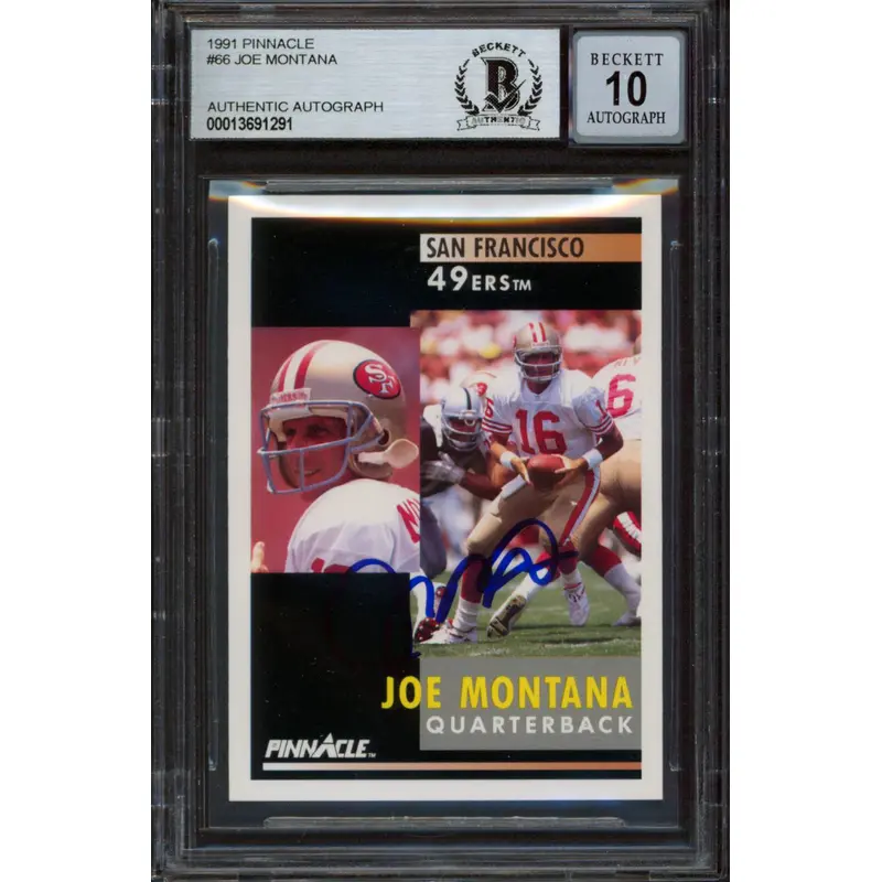 49ers Joe Montana Authentic Signed 1991 Pinnacle #66 Card Auto 10! BAS Slabbed