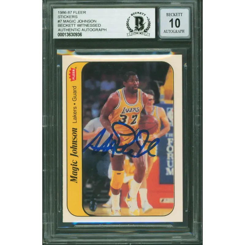 Lakers Magic Johnson Signed 1986 Fleer Stickers #7 Card Auto 10! BAS Slabbed