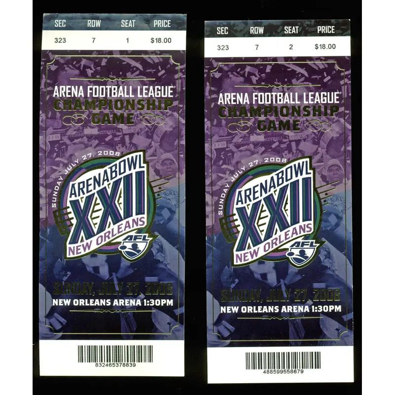 Pair (2) Arena Football League 2008 Arena Bowl XXII Tickets Un-signed