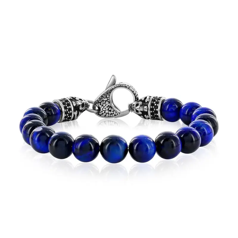 Stainless Steel Genuine 10mm Bead Bracelet, w/Black CZ - Blue Tiger Eye