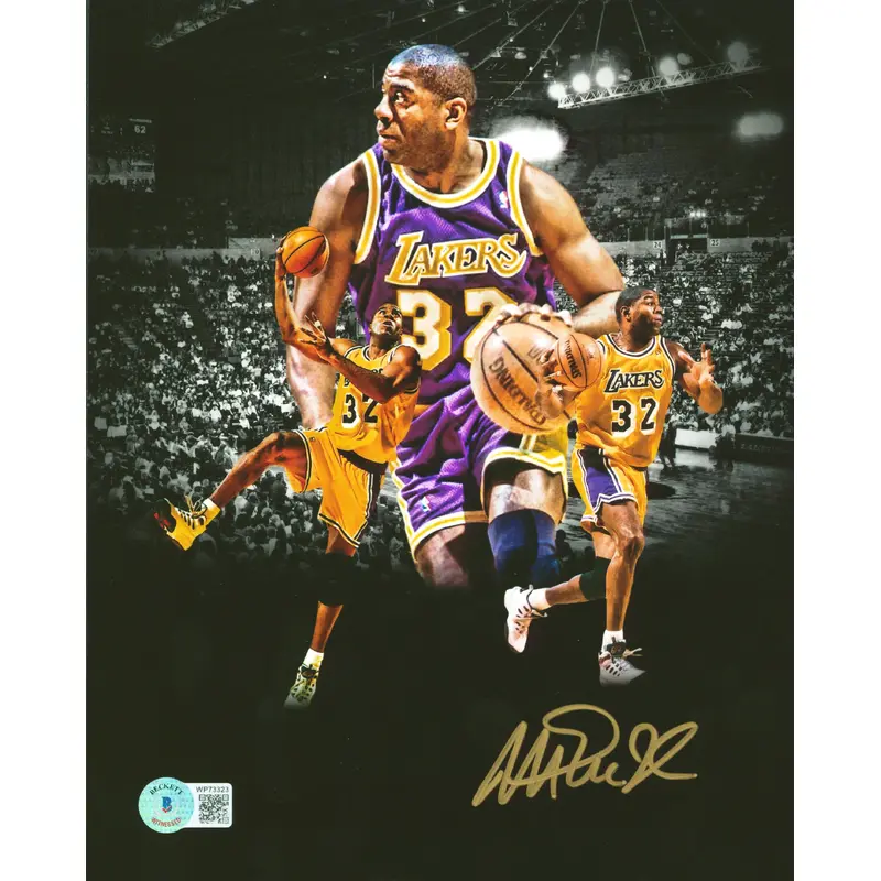 Lakers Magic Johnson Signed 8x10 Photo Purple Jersey Collage Edit BAS Witnessed