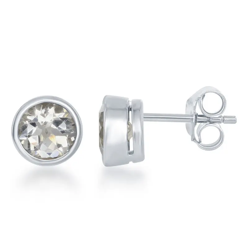 Sterling Silver, "April" Bezel Set Gem Studs - White Topaz