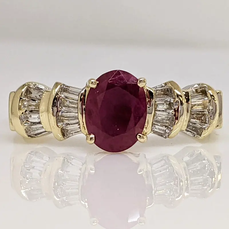 14K RUBY OVAL 6X8 "C" WITH .48 DIAMOND TOTAL WEIGHT BAGUETTE (16) ESTATE RING 4.2 GRAMS